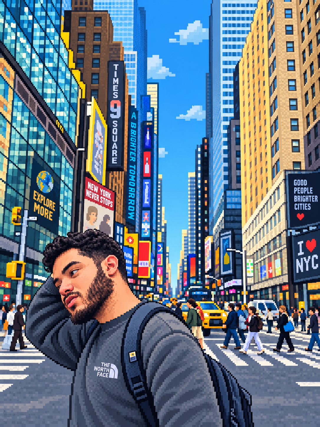 Kareem in New York City, in his original pixel-art portrait.