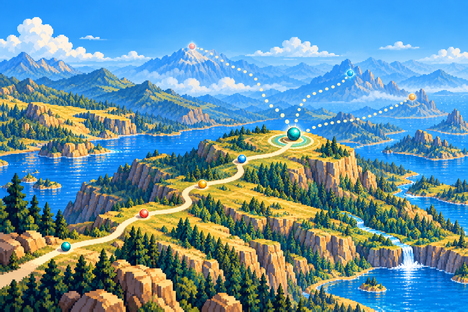 A pixel-art landscape where a traveled route links colorful milestones to the present, then branches into dotted routes toward distant mountains.