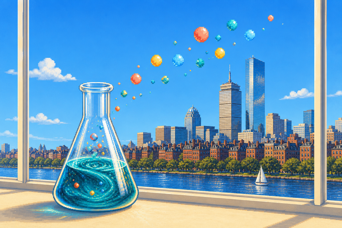 Finely detailed pixel illustration of a teal flask and colorful dots against Boston’s skyline across the Charles River.